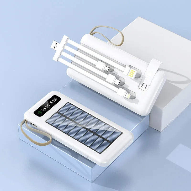 Solar power bank in black or white, showing front panel with solar cells and USB ports.