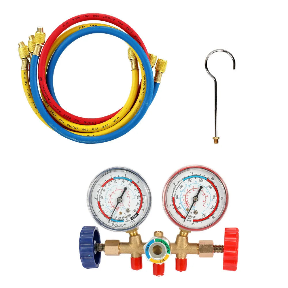 Refrigerant instrument cluster with hose hook, 7cm brass manifold, yellow and red colour-coded valves