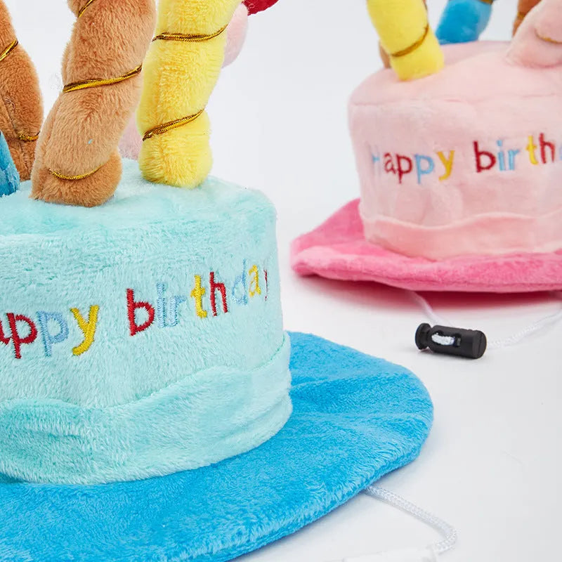 Blue dog birthday hat with party balloons and candles for small to medium dogs