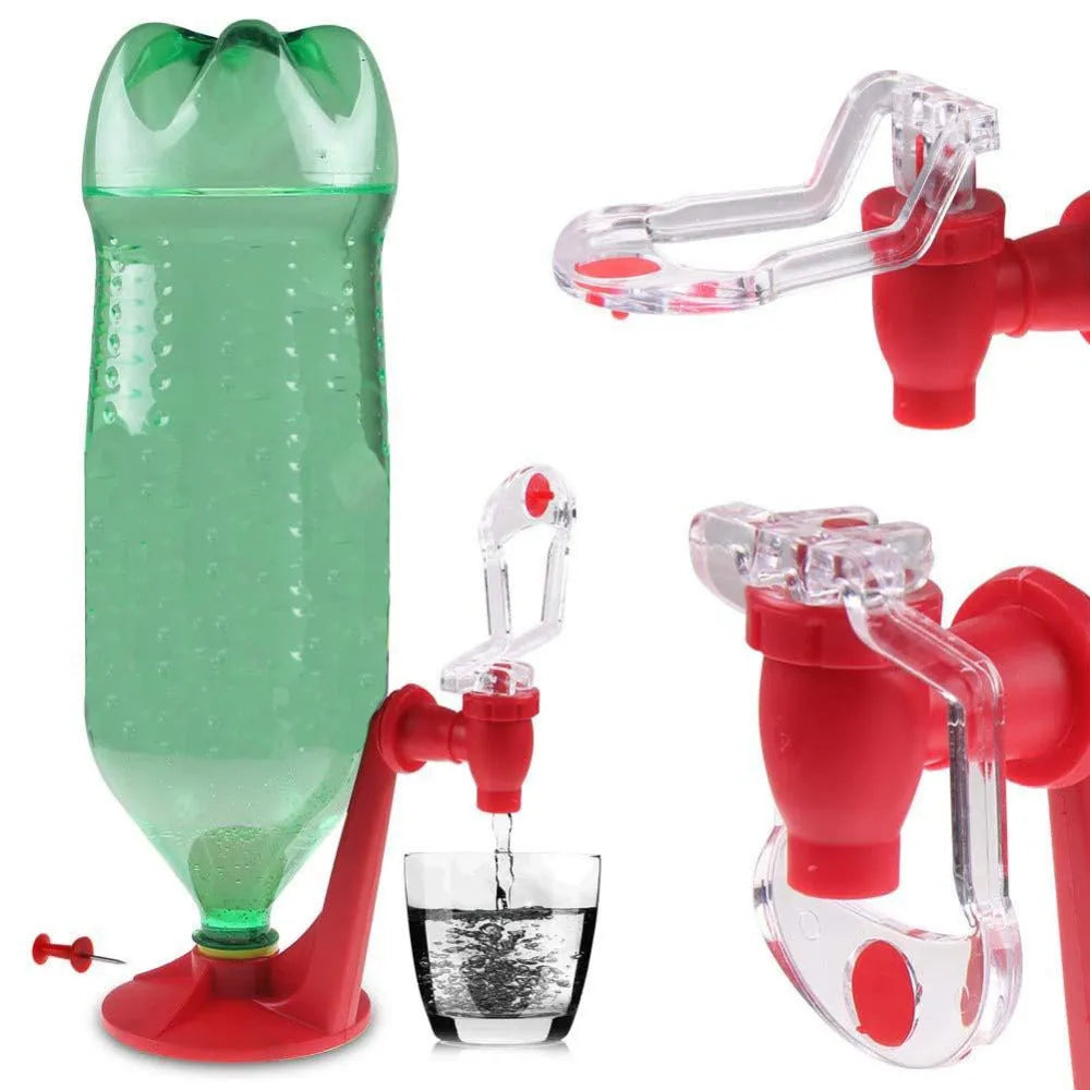 Red Magic Tap soda bottle dispenser with push button, 15cm tall