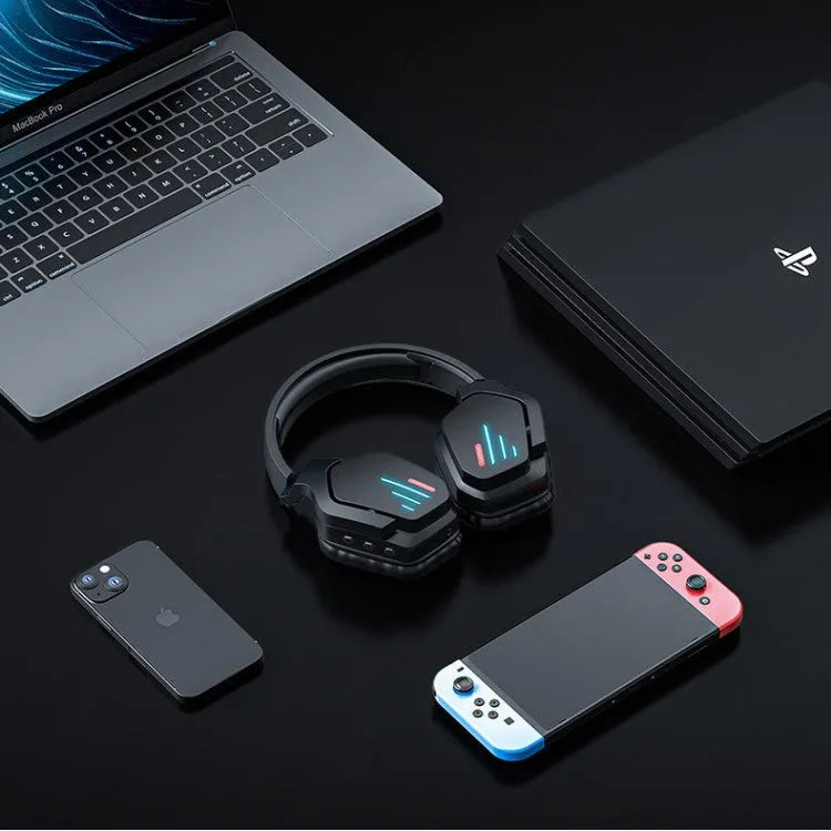 Luminous black wireless gaming headphones showing head-mounted design with adjustable headband and ear cups