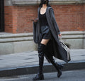 Long grey knitted cardigan hooded trench coat with loose fit and long sleeves.