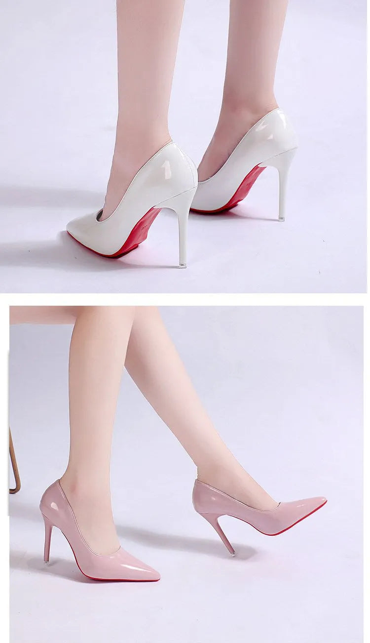 Women's pointed toe stiletto heel pumps in black with shallow mouth opening
