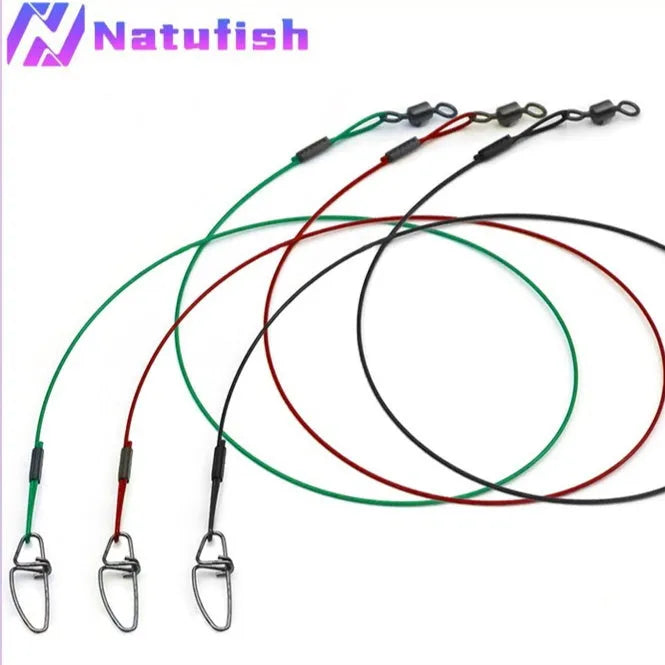 Set of ten 54 cm long green, black, and red fishing steel wire accessories with double buckle pins.