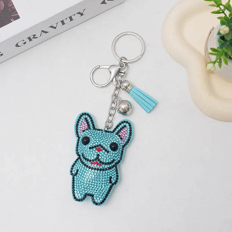 French dog rhinestone keychain with cartoon bear design in electroplated alloy