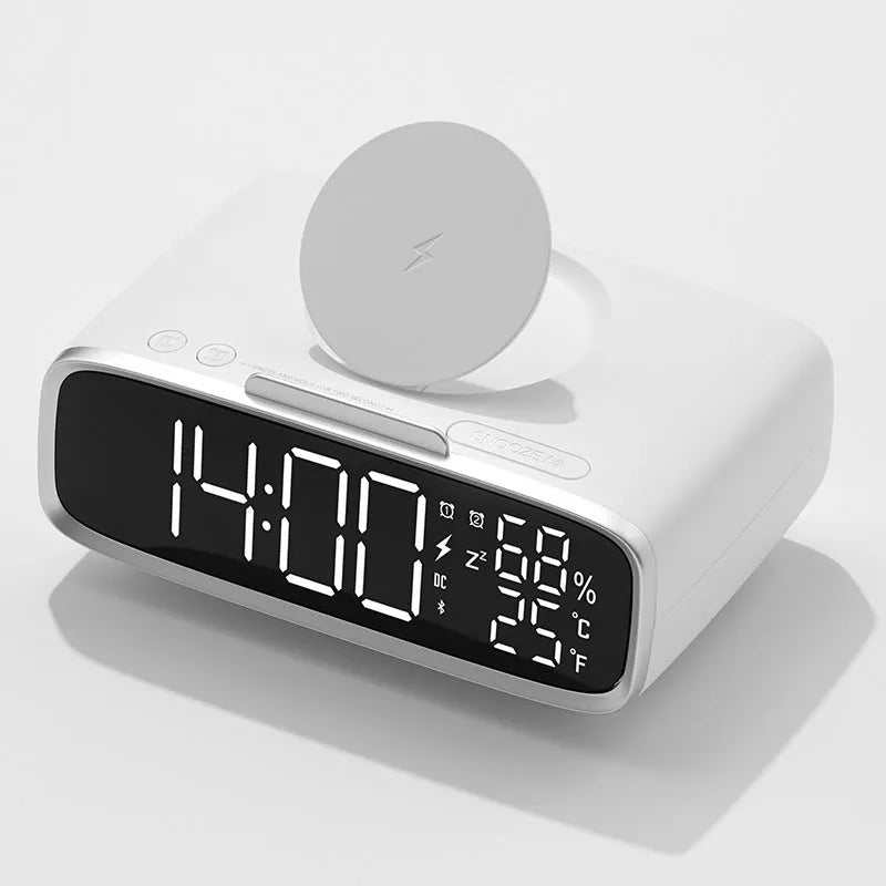 White wireless charging Bluetooth speaker alarm clock with night light on bedside table