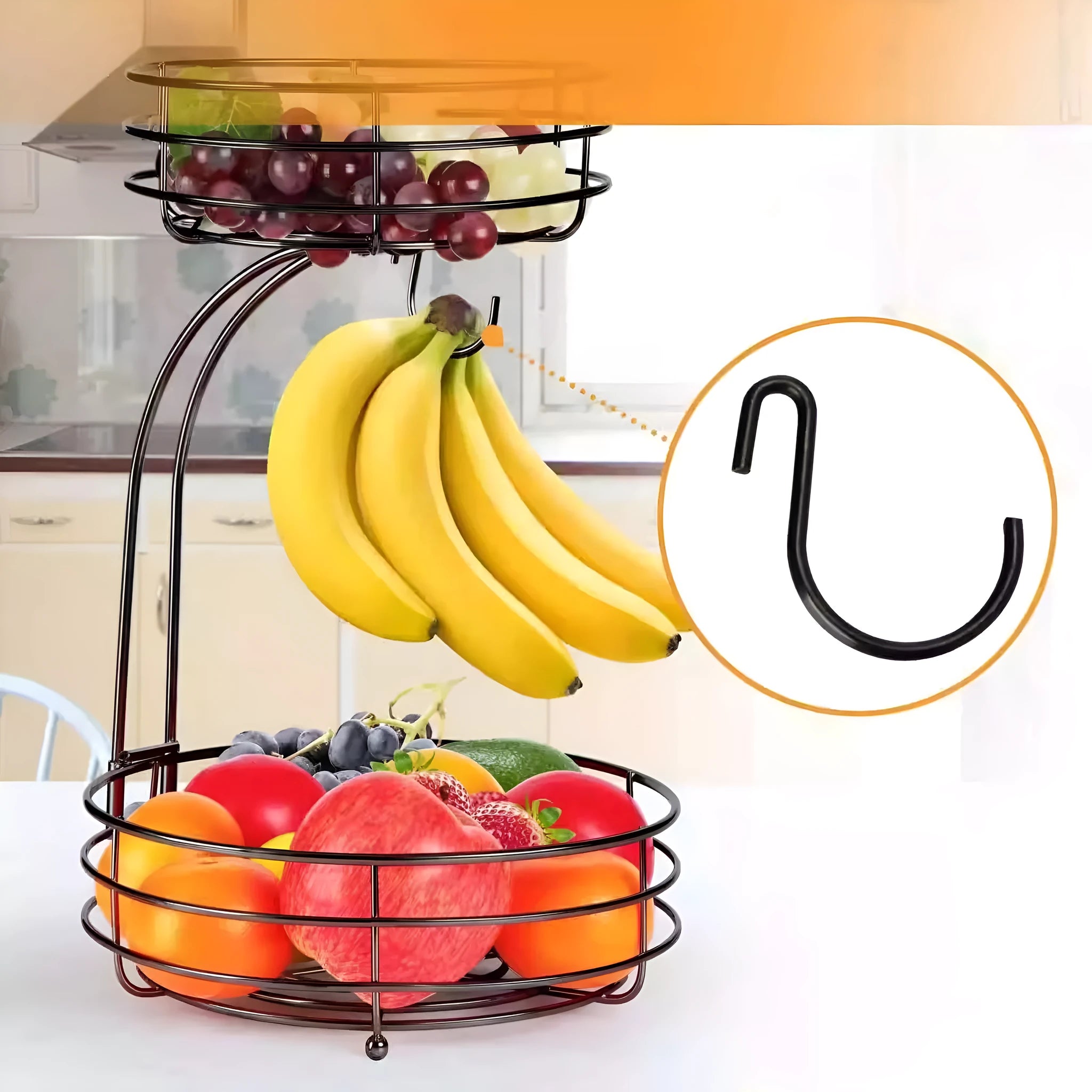 Black wrought iron double-layer fruit basket with open wire sides for storing fruits and vegetables.