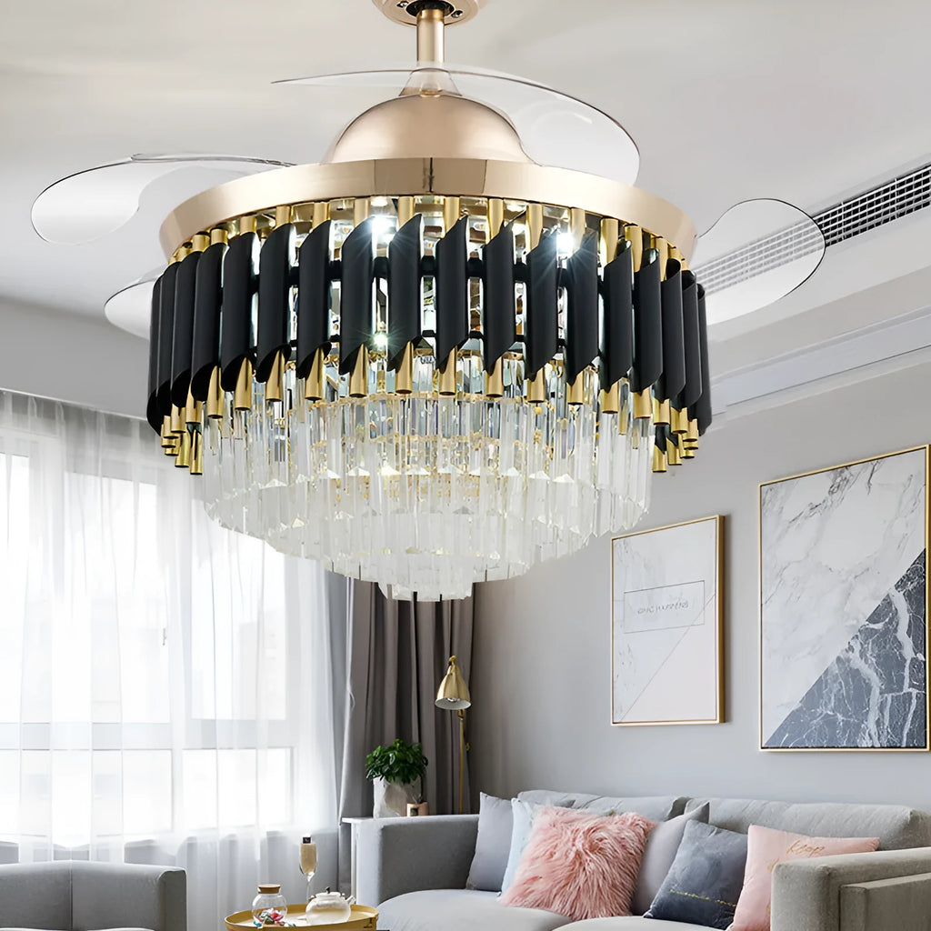 Crystal lampshade ceiling fan with light and remote control on a white ceiling.