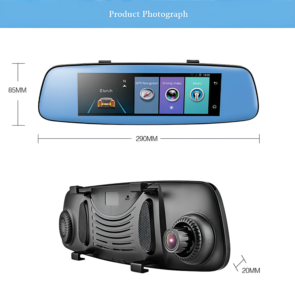 8 inch 4G Android cloud mirror driving recorder with 7.84 inch IPS touch screen showing rearview camera view