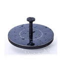 Black solar-powered floating fountain pump with four spray nozzles on a solar panel base