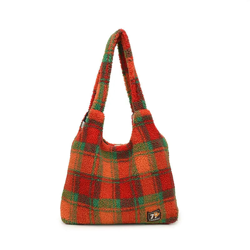 Women's plaid plush shoulder tote bag in horizontal square shape with crossbody strap