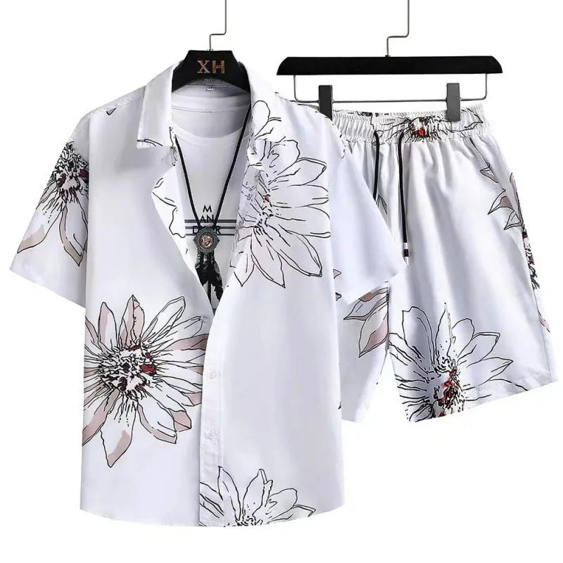 Man wearing a digitally printed short sleeve cardigan and matching shorts suit in colour Suit 52.