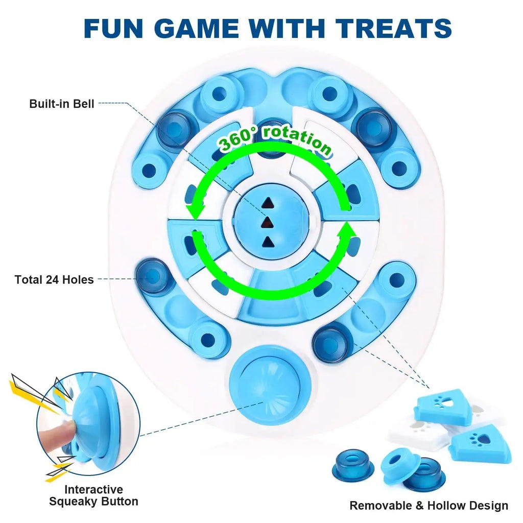 Dog puzzle toy with 24 hidden food compartments and spherical bells in blue colour option