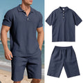 Men's light grey linen shorts suit with short sleeve shirt and matching shorts
