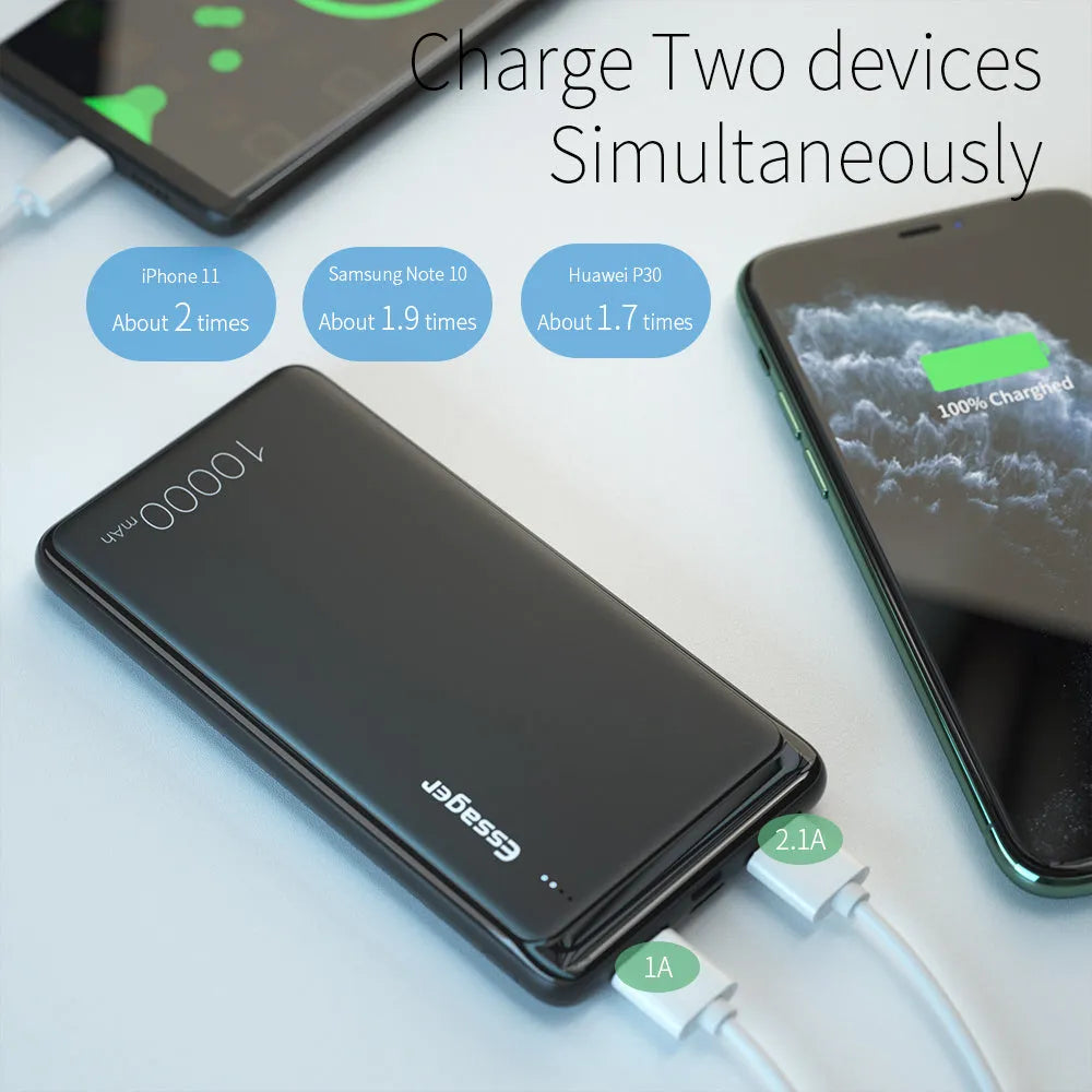 Essager Small Jane black and white 10000mAh portable power bank with dual USB ports and LED indicators.