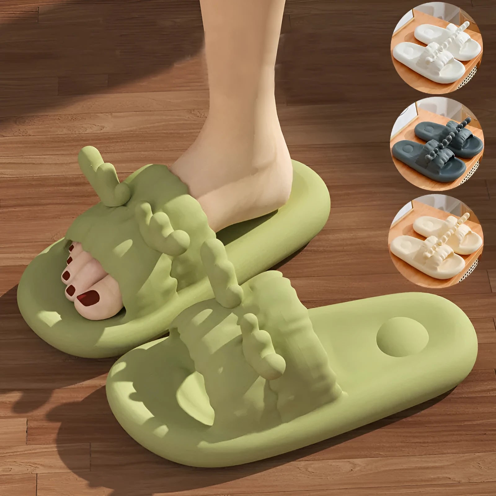Women's deer horn design EVA flip flop slippers in white, light yellow, green, or dark grey with non-slip soles
