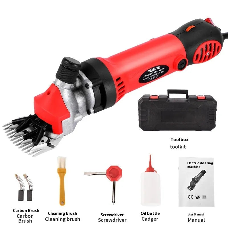Yellow American 110V electric wool shearing machine with multiple blade sets and accessories