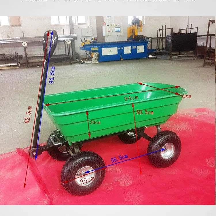 Green four-wheel plastic TC2145 dumptruck toy for kids on a white background.