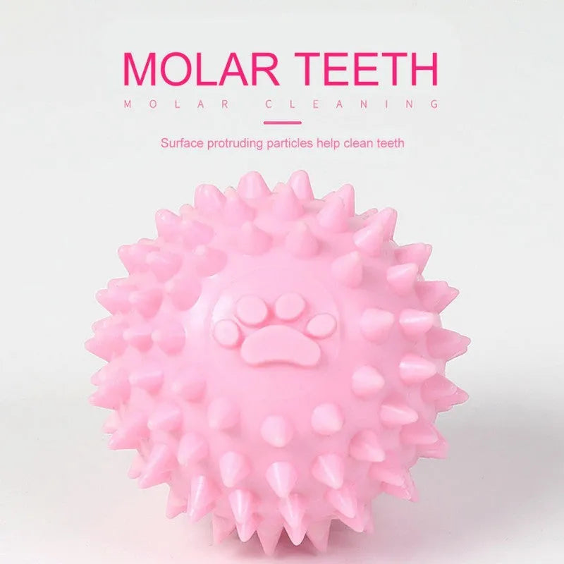 Blue TPR dog chewing ball with footprint design and bulging sides for tooth cleaning.