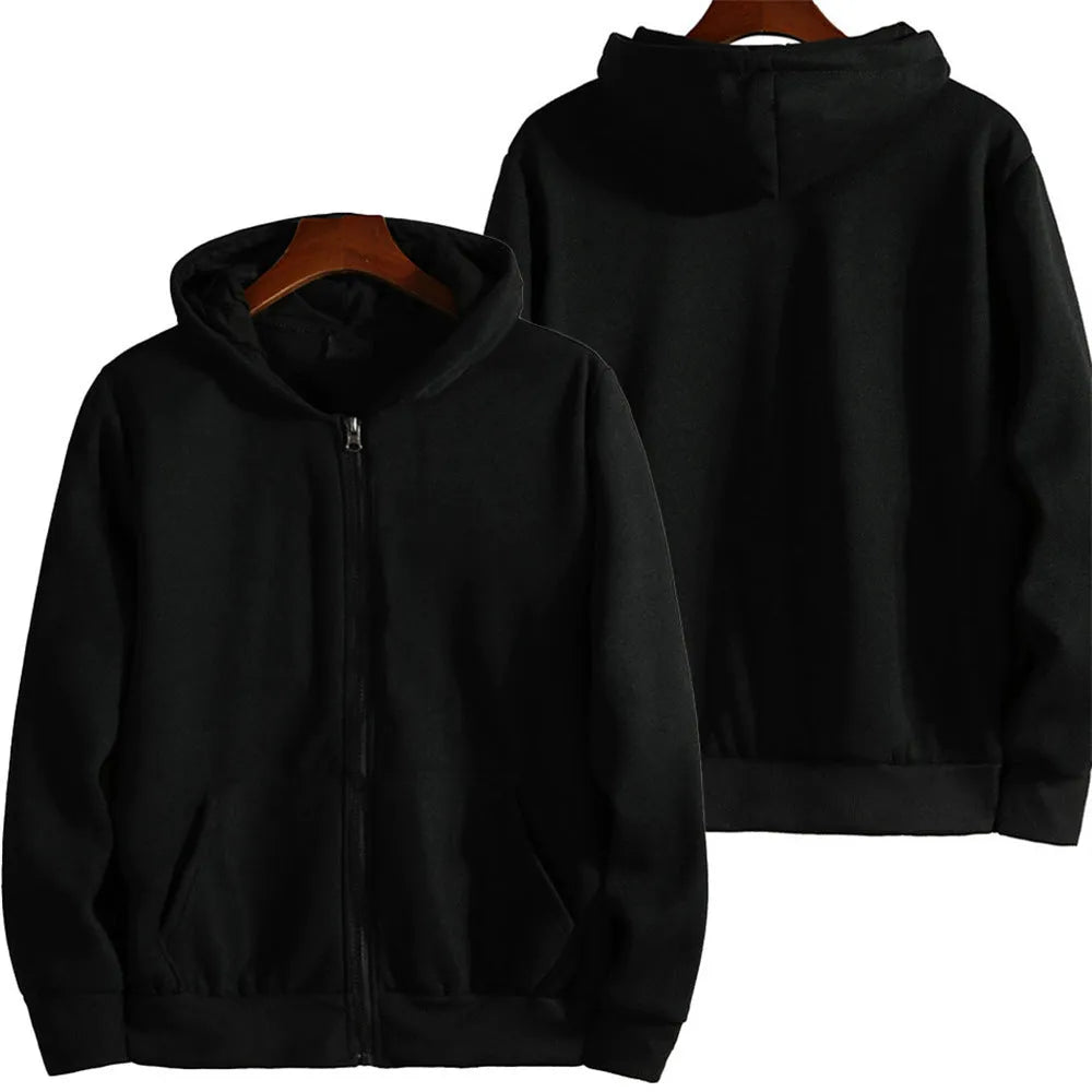 Men's solid colour loose sports zipper jacket in a cardigan style on a hanger.