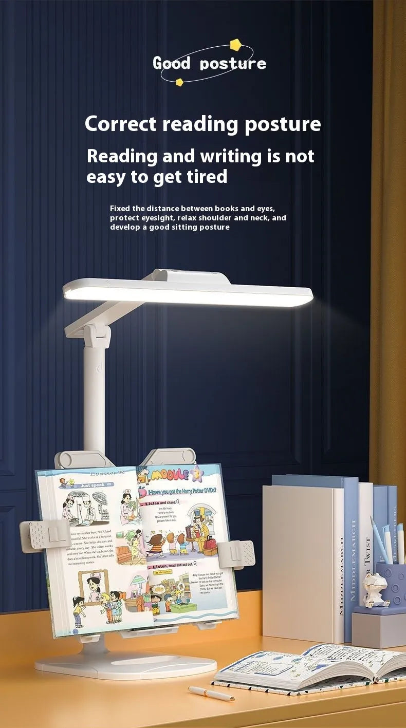 Multifunctional adjustable table lamp on a bookshelf showing three colour temperature settings and dual charging plug