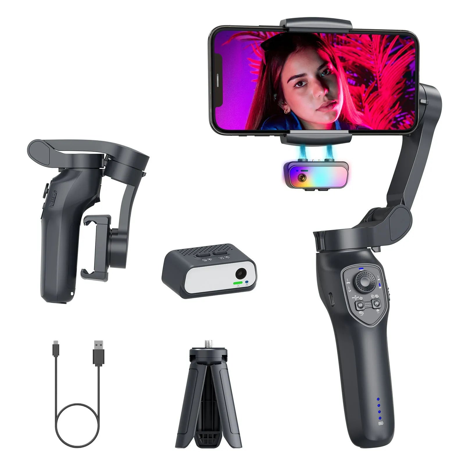 Foldable handheld smartphone video stabilizer gimbal in gun metal colour