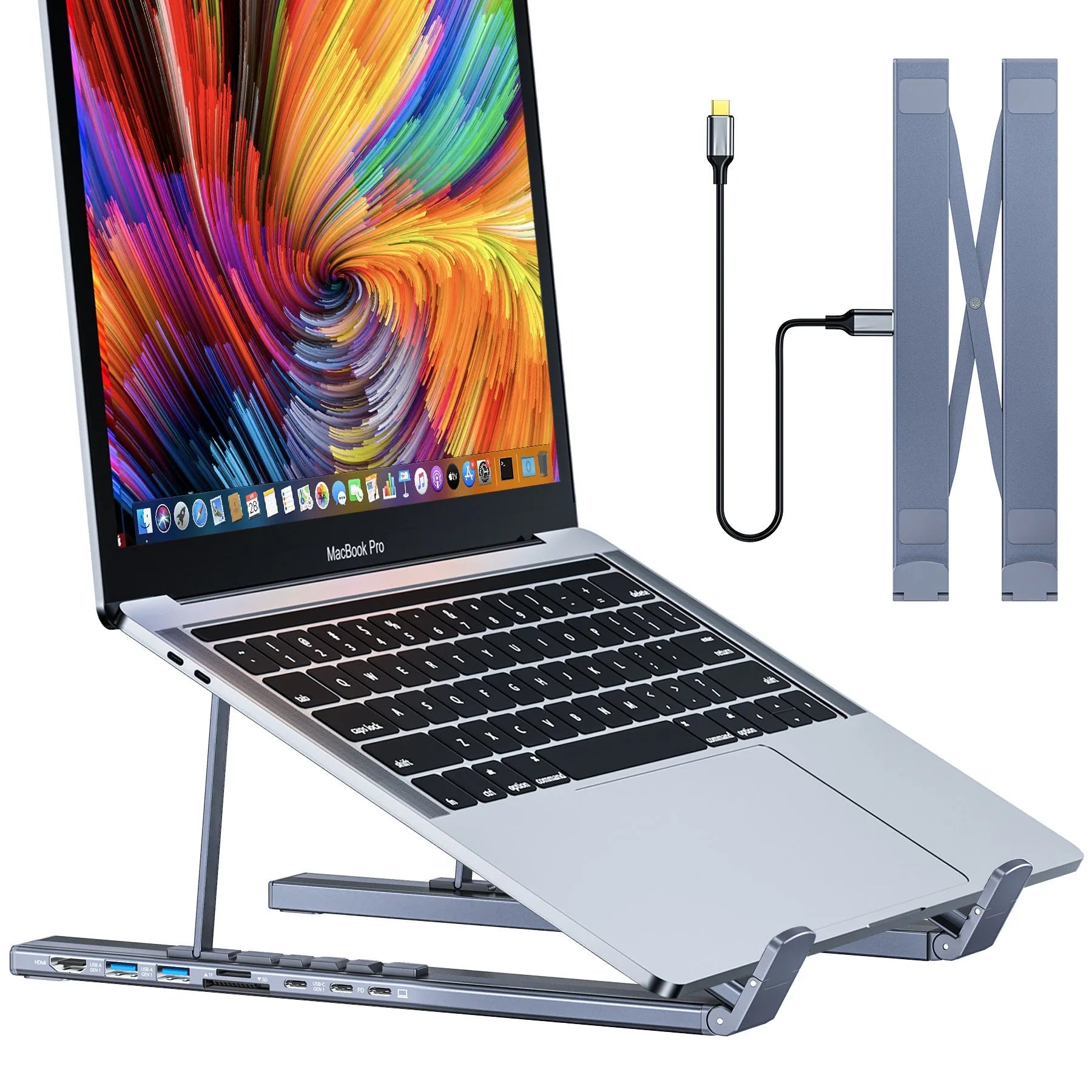 Aluminium alloy folding docking station laptop stand with multi-interface ports