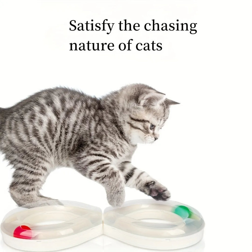 Blue and white interactive cat toy turntable with ball track and teasing stick on floor