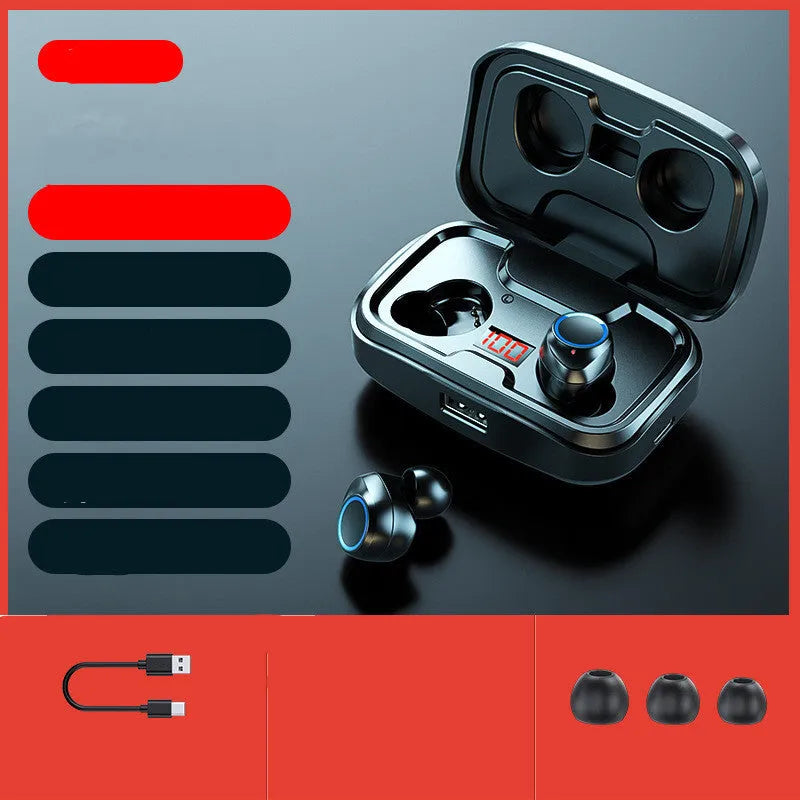 Wireless Bluetooth 5.0 in-ear earphones in black, blue, or red colours with private mould design.