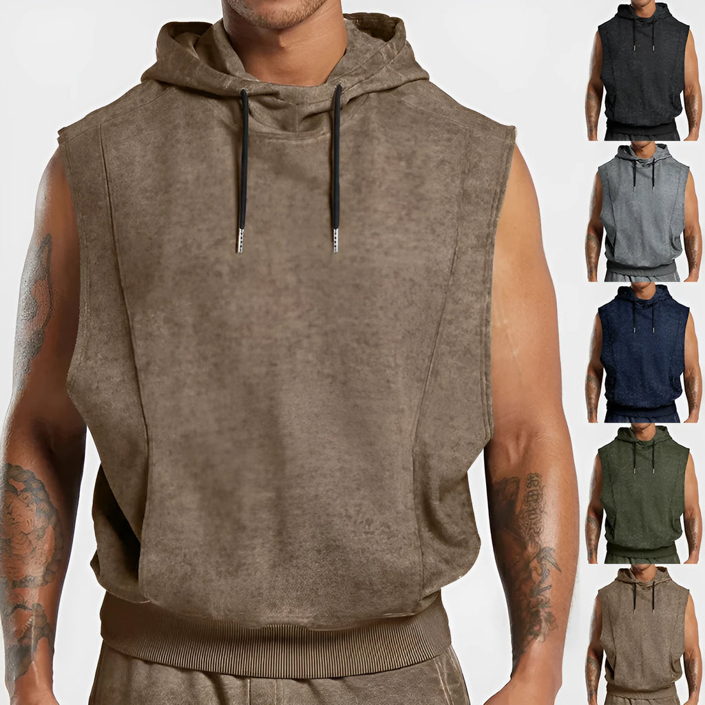 Men's fashion distressed all-over printed floral sleeveless hooded top in gray, slim fit, with 3D patch pocket