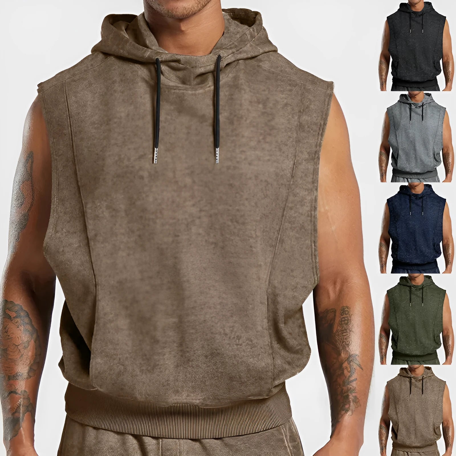 Men's fashion distressed all-over printed floral sleeveless hooded top in gray, slim fit, with 3D patch pocket