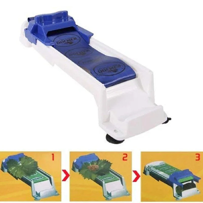 Blue plastic vegetable meat roller from Home Sushi Machine, 36cm by 10cm by 8cm, on a kitchen counter with English packaging