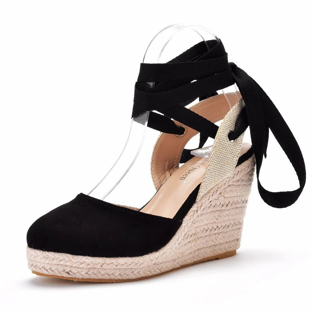 Women's apricot Bohemian wedge sandals with beaded tassels, buckle strap, and a 10.5cm wedge heel.