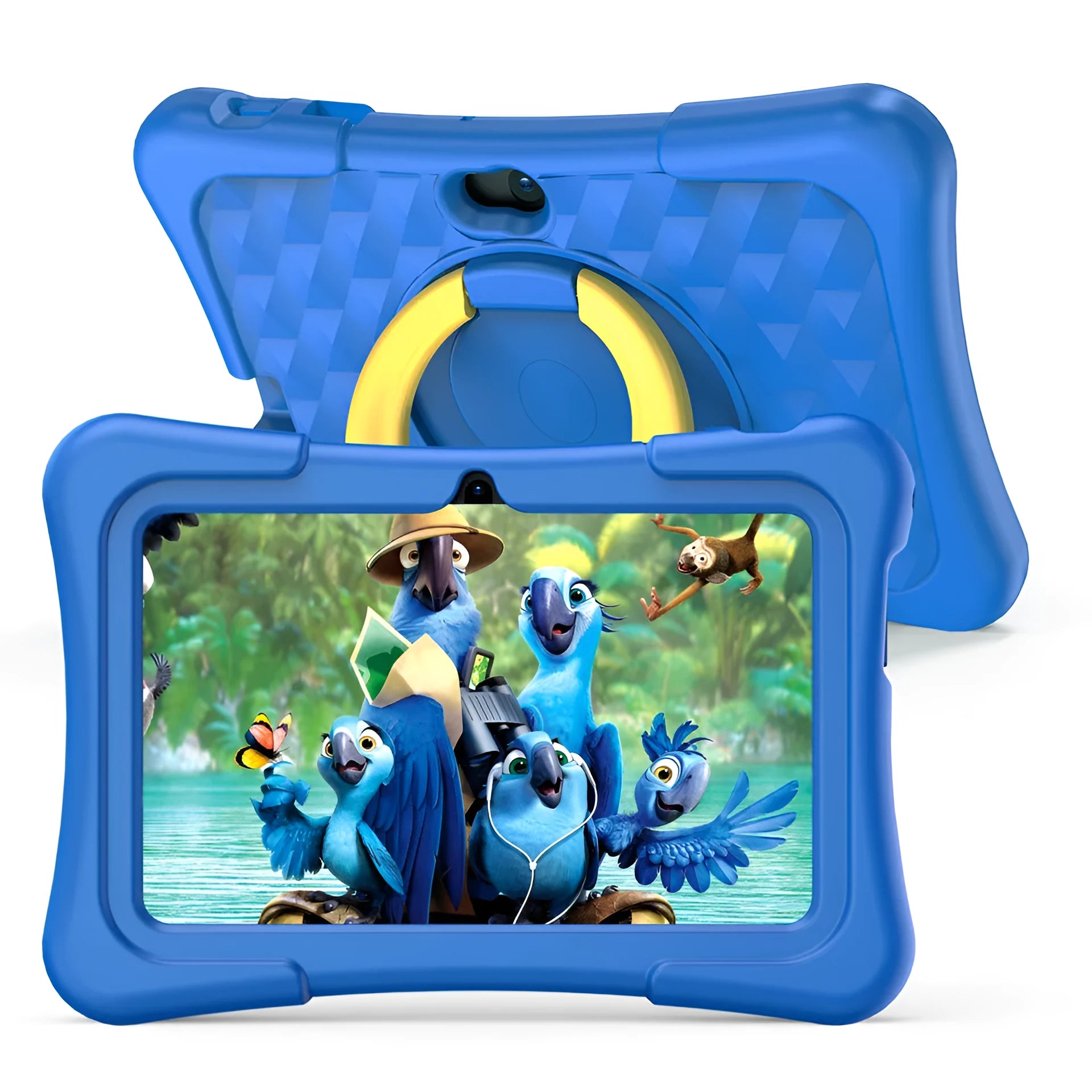 Blue children's educational tablet with a silicone cover attached, showing the rotating handle bracket on the back.