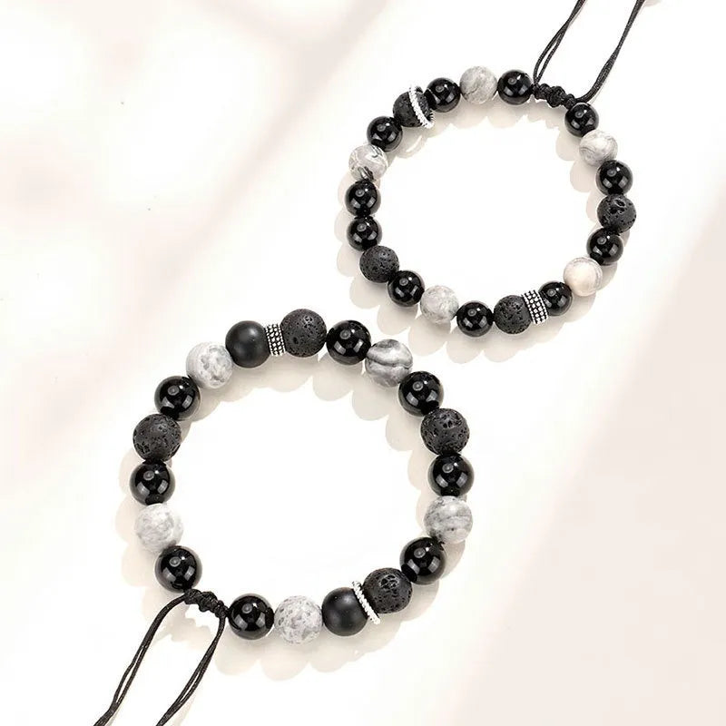 Black agate map stone volcanic rock bracelet with diamond-shaped stones and electroplated finish