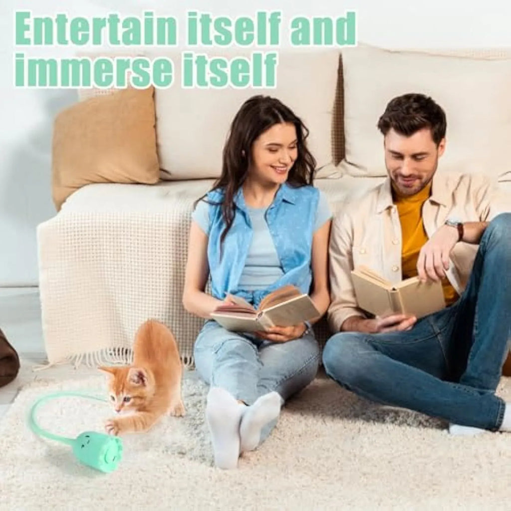 Green automatic cat wand toy with rotating silicone tails for indoor cat entertainment