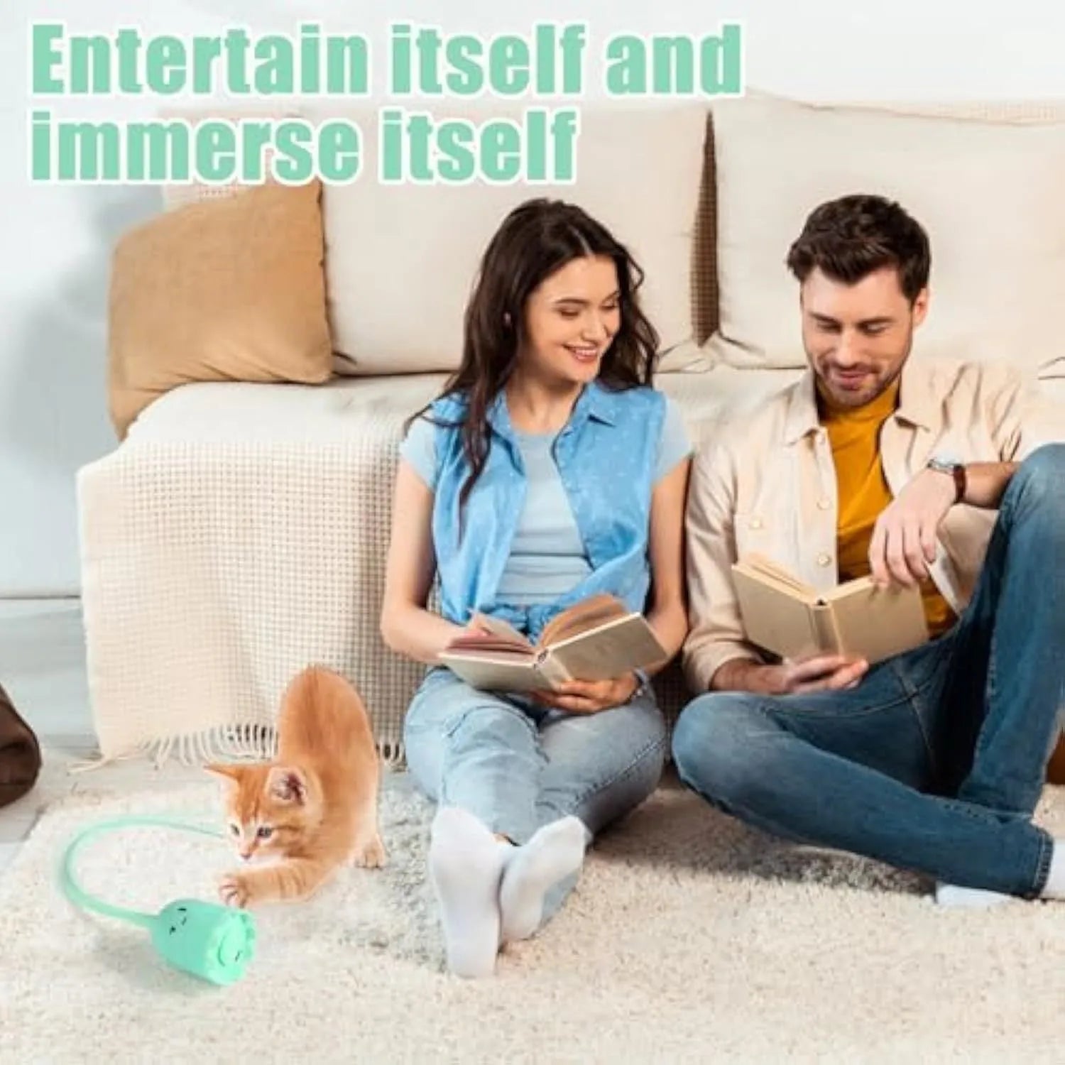 Green automatic cat wand toy with rotating silicone tails for indoor cat entertainment