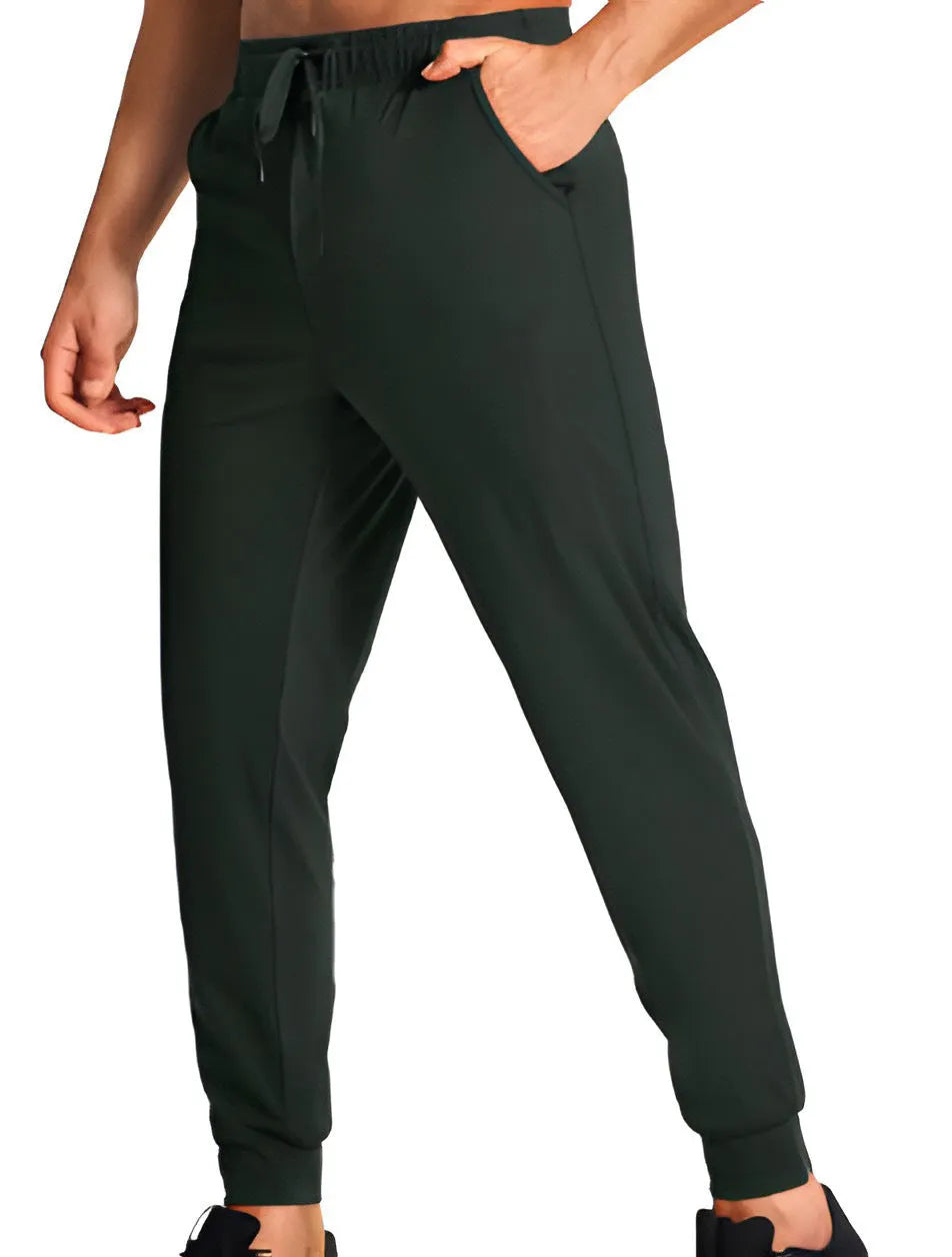 Men's loose fit straight-leg casual trousers with elastic waistband in solid colour