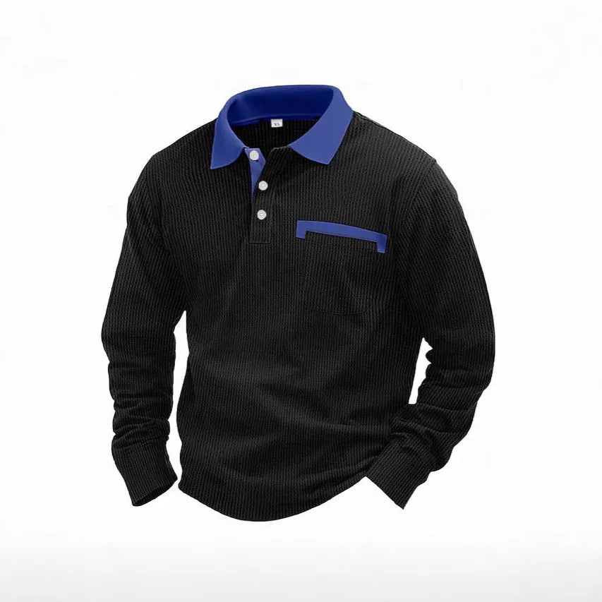 Men's long-sleeved waffle knit polo shirt in a solid colour with a loose, retro fit.