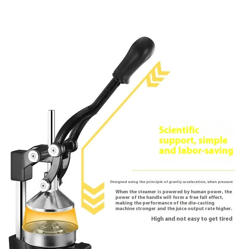 Black manual cast iron citrus juicer with stainless steel strainer on a kitchen counter.