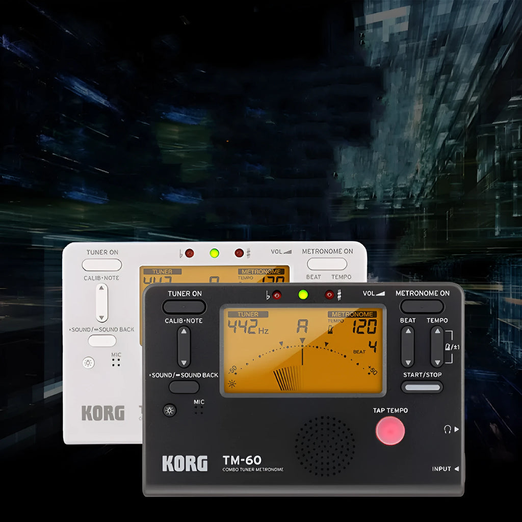 TM-60 black and white plastic electronic metronome tuner with digital display.