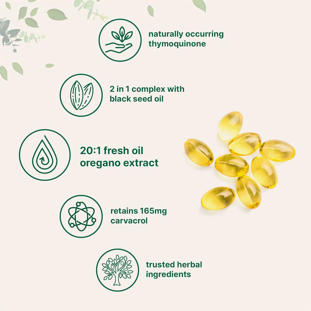 Butter Black Seed Oil Soft Capsules bottle showing softgel capsules, with pack size options of 180 or 300 tablets.