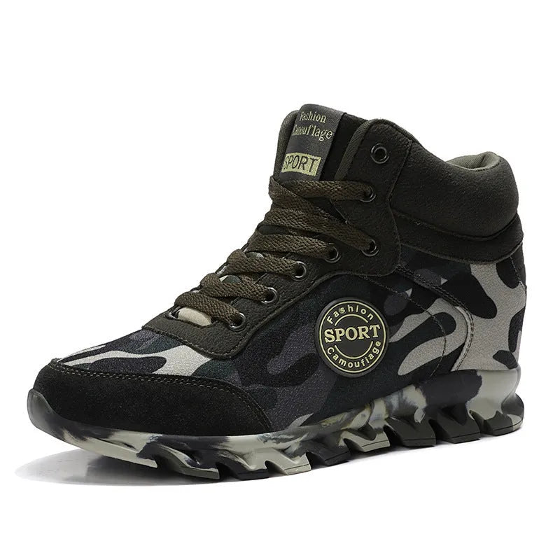 Green camouflage pattern women's canvas sneakers with a white rubber sole.
