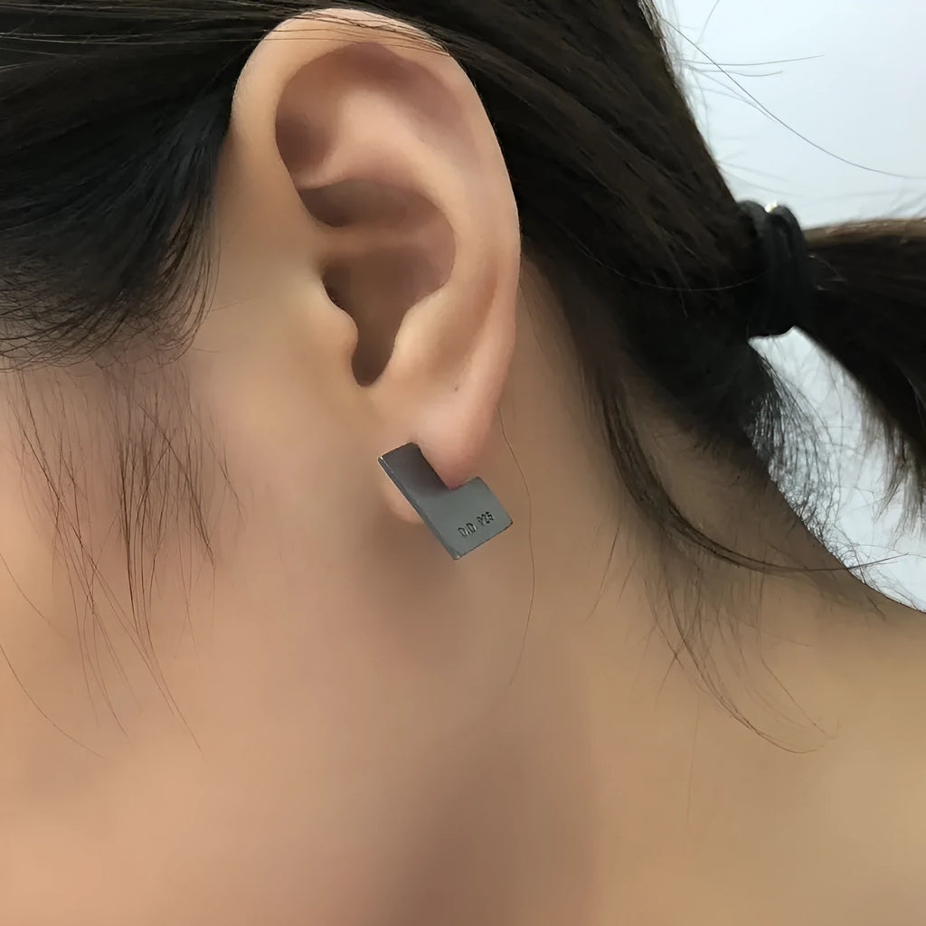 Oxidised black geometric square ring sterling silver earrings on a 16mm hoop.