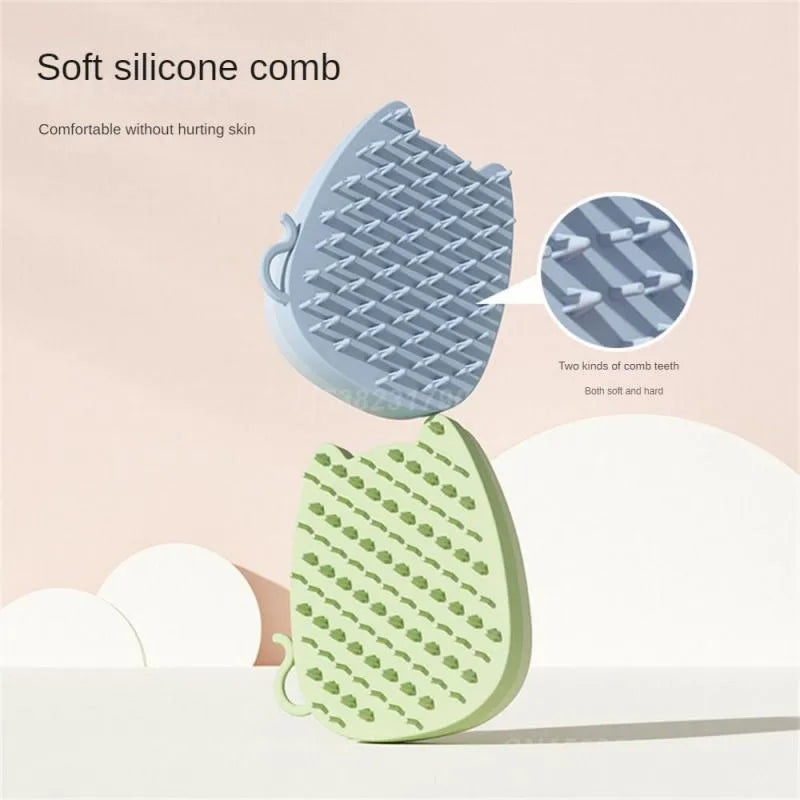 Soft silicone pet grooming comb in blue with dual-texture bristles for cats and dogs