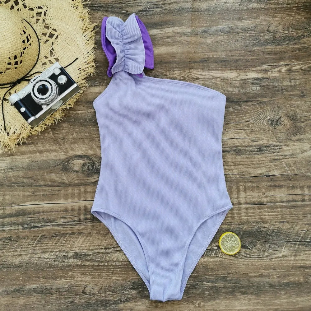 Single-shoulder suspender tube top one-piece swimsuit for women in solid colour with high-waist design