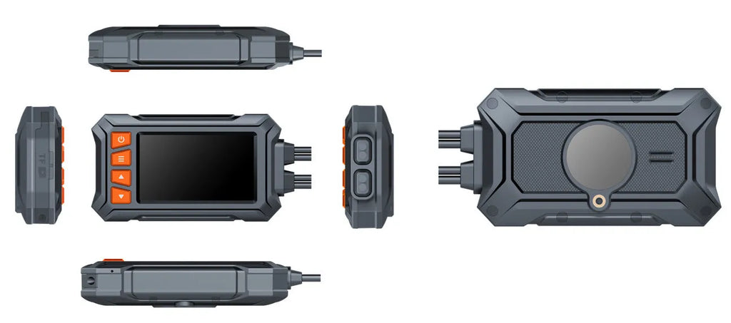 Motorcycle dash cam with dual lenses showing front and rear recording capability with GPS module