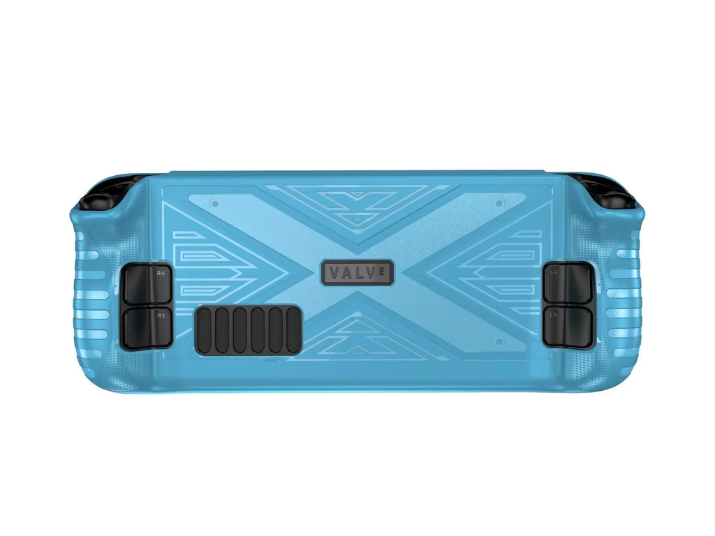 Steam Deck gaming console inside a soft TPU protective case, shown in red colour.