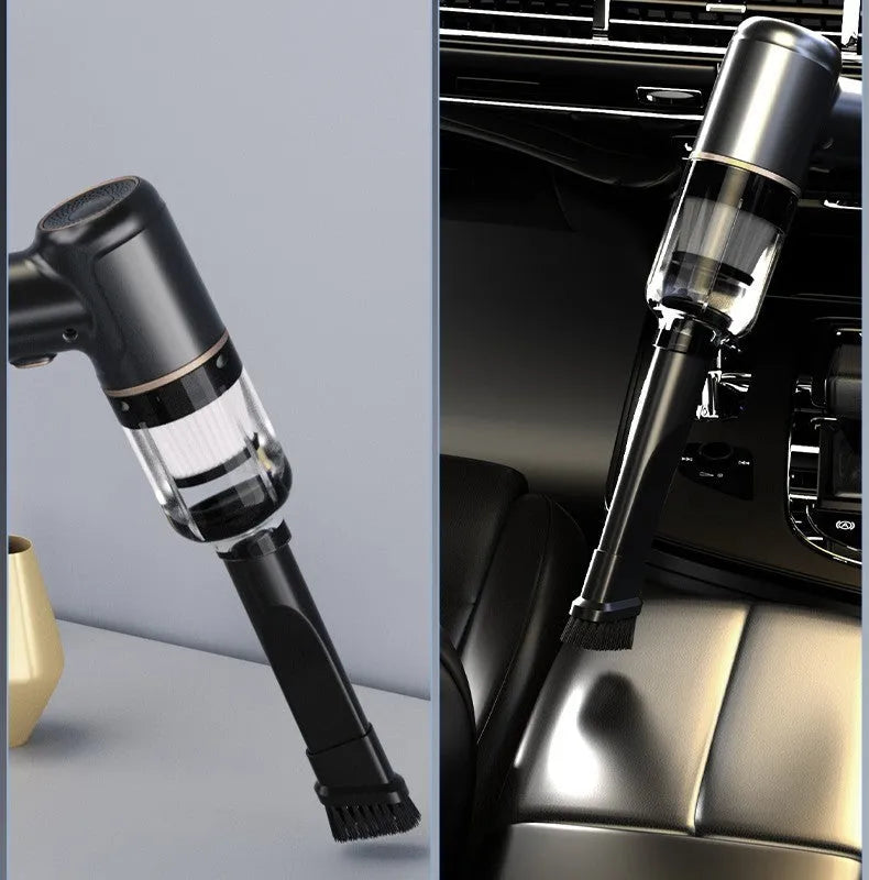 Black wireless car vacuum cleaner with multiple nozzle attachments including inflation nozzle and brush heads
