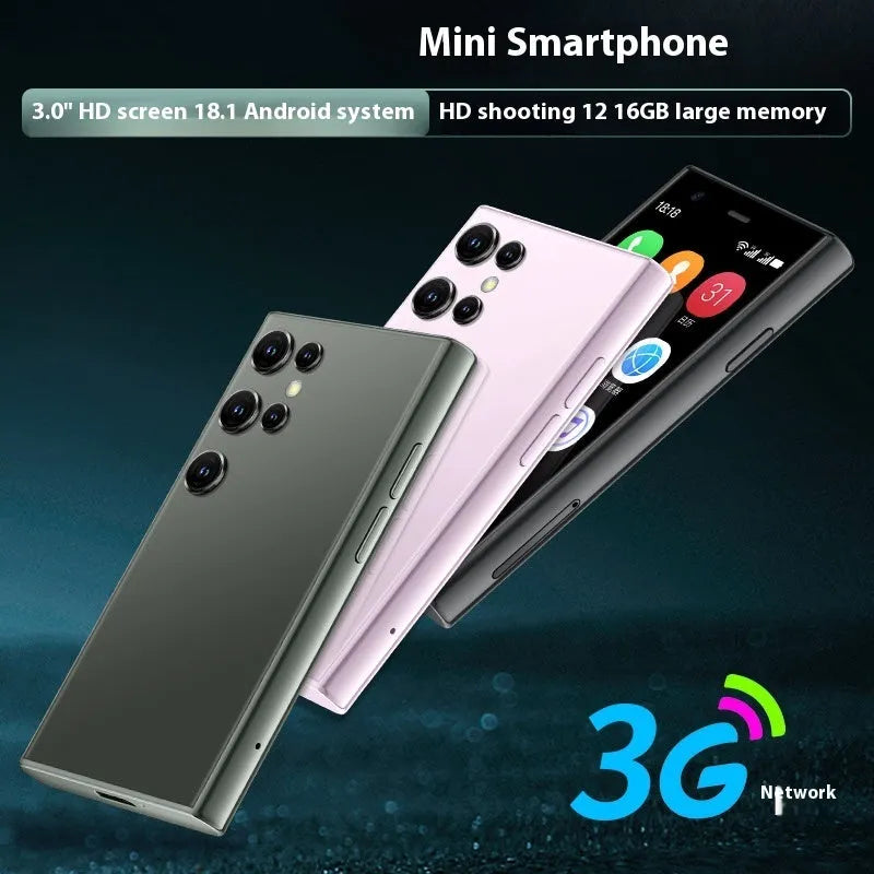 Mini smartphone with 30-inch screen in black, green, or pink purple colours showing straight plate design